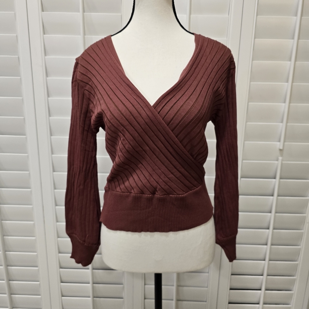 Shein Burgundy Top Long Sleeve Tie Back V-Neck One Size